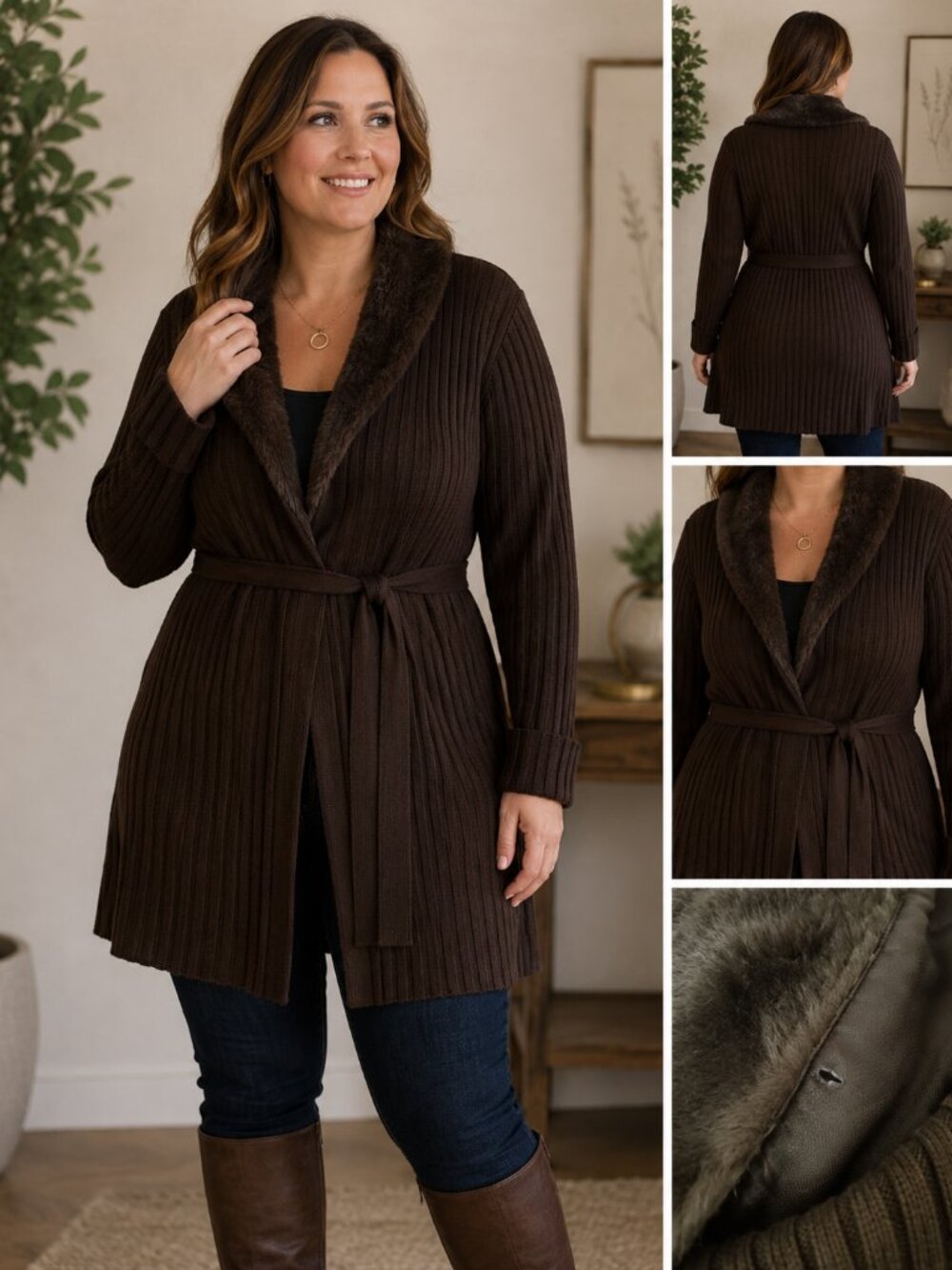 Vintage Faded Glory Ribbed Belted Cardigan Sweater 22W/24W Faux Fur Collar Brown